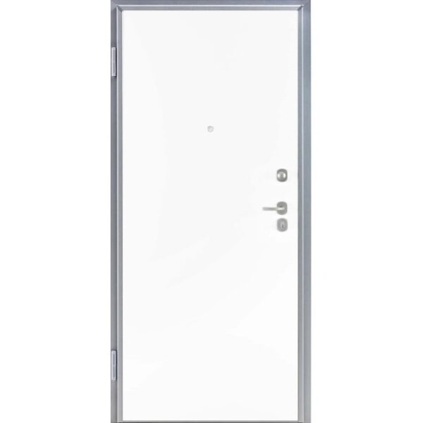 Porta blindata t.b.t. bianca con telaio e maniglia argentati.