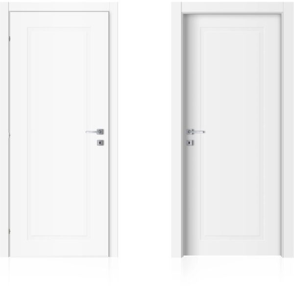 Due porte interne bianche t.b.t. con design semplice e maniglie argentate.
