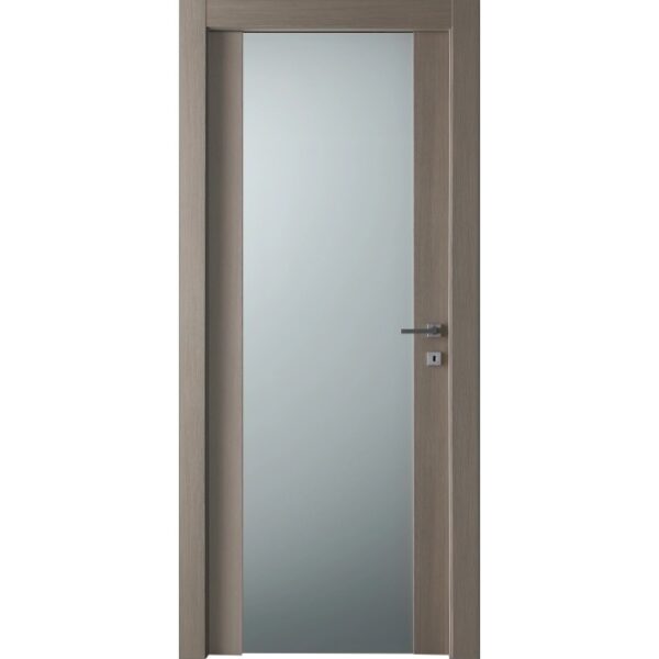 Porta interna moderna con telaio in legno e vetro satinato.