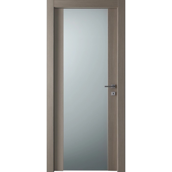 Porta interna moderna con telaio in legno e vetro satinato.