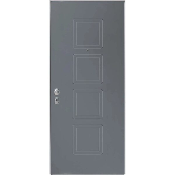 Porta blindata grigia con quattro pannelli quadrati e spioncino.