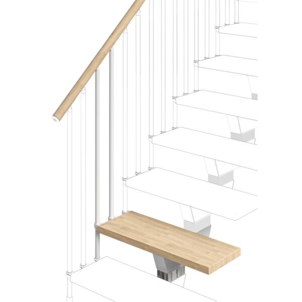 Scala con corrimano in legno e barre di ringhiera bianche. Accessori per scale e ringhiere.