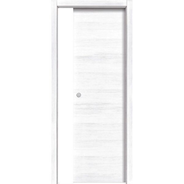 Porta interna bianca t.b.t. con venature orizzontali e pomello argentato.
