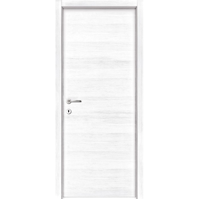 Porta interna bianca con venature orizzontali e maniglia argentata.