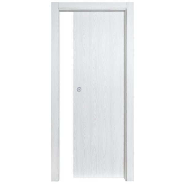 Porta interna bianca con design semplice e venature del legno.