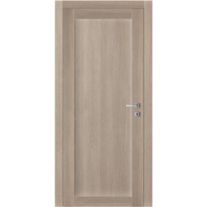 Porta interna chiara con finitura effetto legno e maniglia argentata.