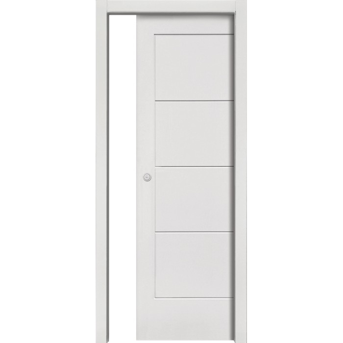 Porta interna bianca con quattro pannelli e serratura.