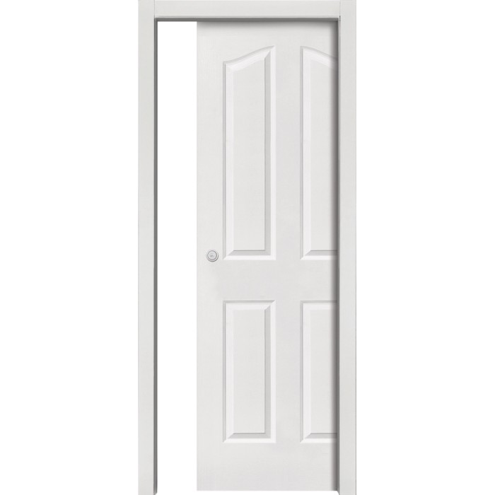 Porta interna bianca con quattro pannelli e telaio. Porta per interni.