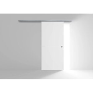 Porta scorrevole interna bianca con binario argentato.