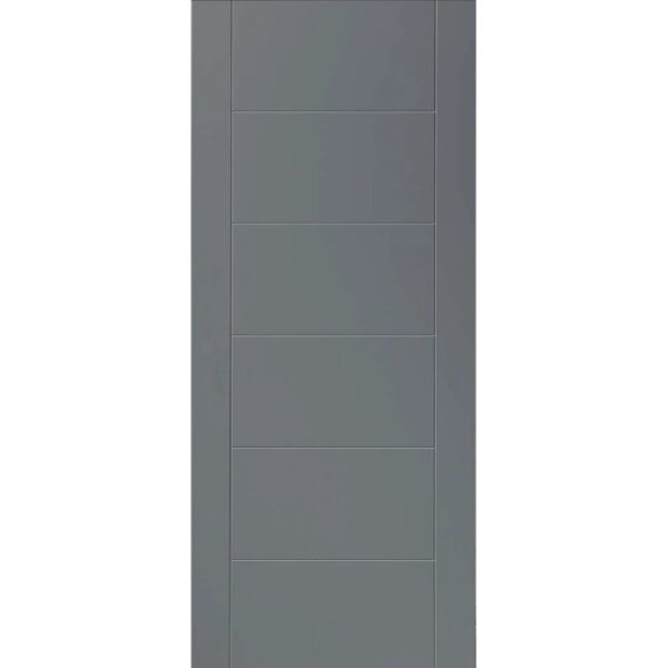 Porta interna grigia con quattro pannelli orizzontali. Accessori per porte.