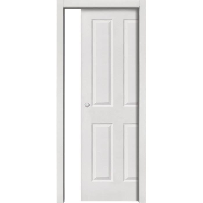 Porta interna bianca con quattro pannelli e telaio. Porta per interni.