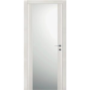 Porta interna bianca con inserto in vetro e maniglia argentata.
