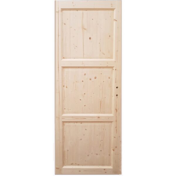 Porta interna in legno con tre pannelli, legno non trattato.