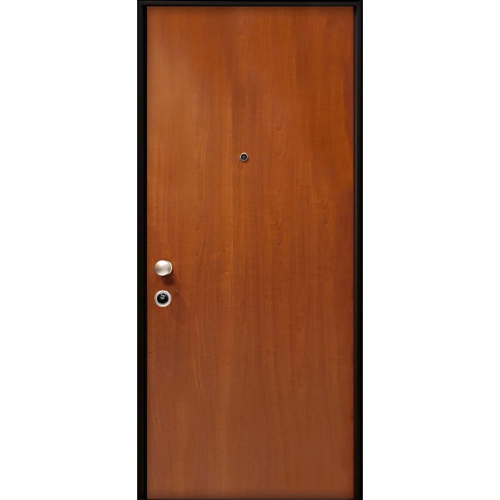 Porta blindata t.b.t. marrone con telaio nero e spioncino.
