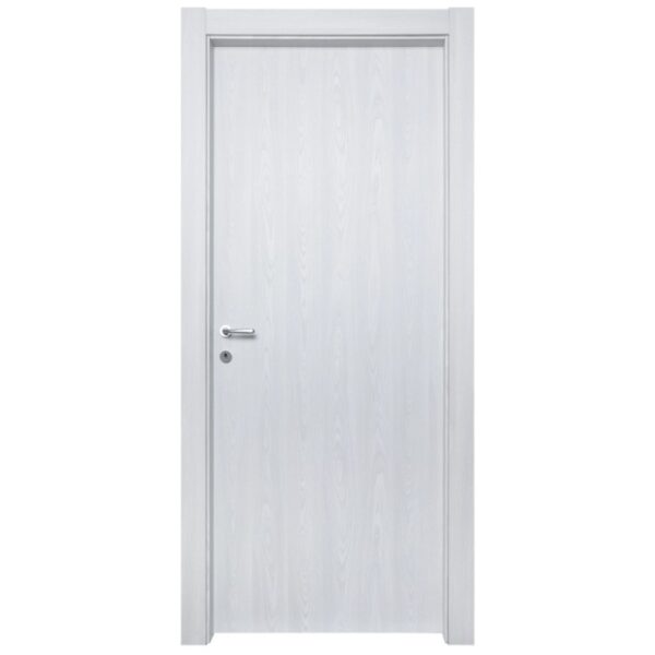 Porta interna bianca con maniglia, effetto legno.