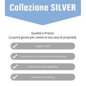 Infografica per porta interna t.b.t.: telaio in MDF, finitura laminata, cerniere regolabili, serratura meccanica.