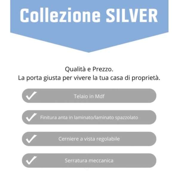 Infografica per porta interna t.b.t.: telaio in MDF, finitura laminata, cerniere regolabili, serratura meccanica.