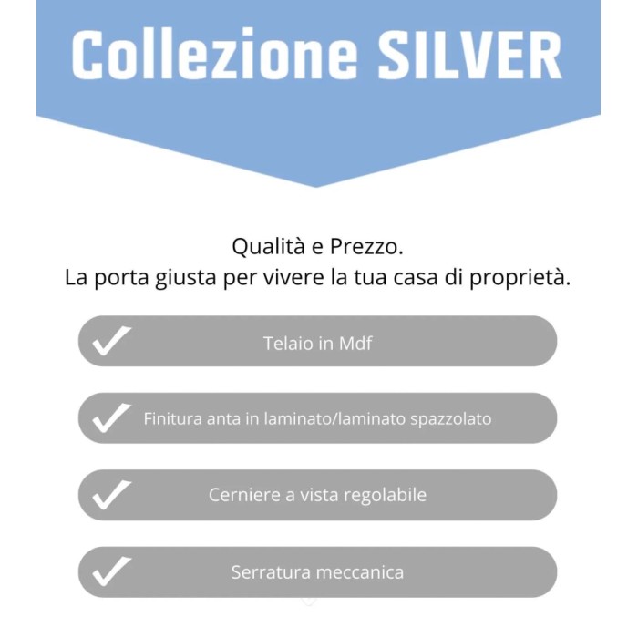 Infografica per porta interna t.b.t.: telaio in MDF, finitura laminata, cerniere regolabili, serratura meccanica.