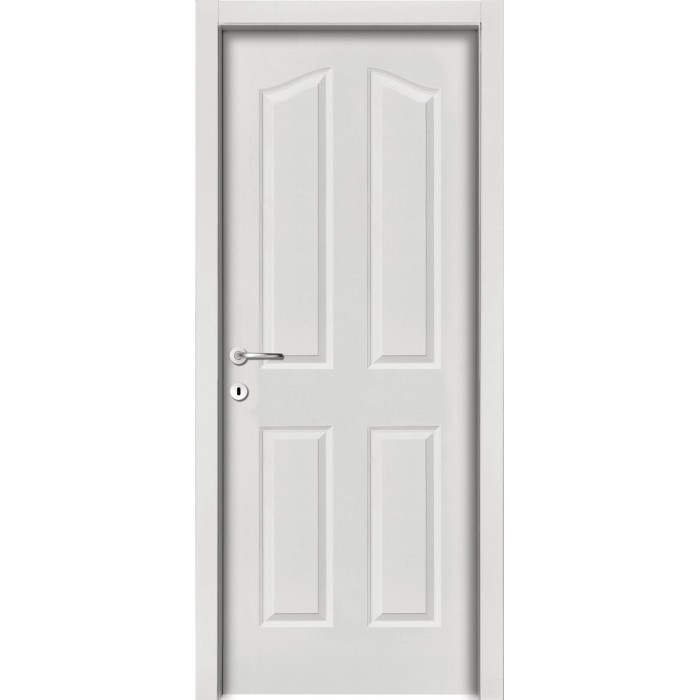 Porta interna bianca con quattro pannelli e maniglia argentata.