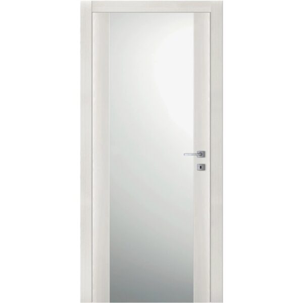 Porta interna bianca con inserto in vetro e maniglia argentata.