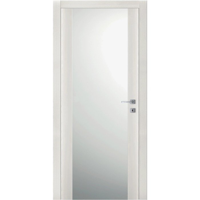 Porta interna bianca con inserto in vetro e maniglia argentata.
