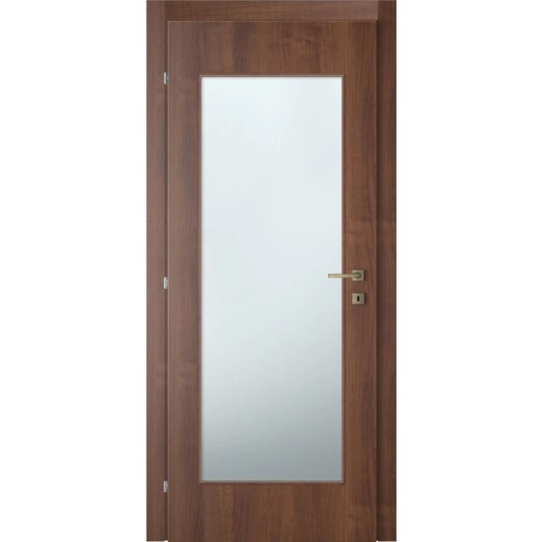 Porta interna con telaio in legno e inserto in vetro rettangolare.