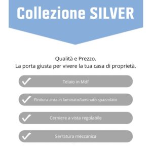 Infografica per porta interna t.b.t.: telaio in MDF, finitura laminata, cerniere regolabili, serratura meccanica.