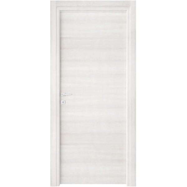 Porta interna bianca con design semplice e maniglia argentata.