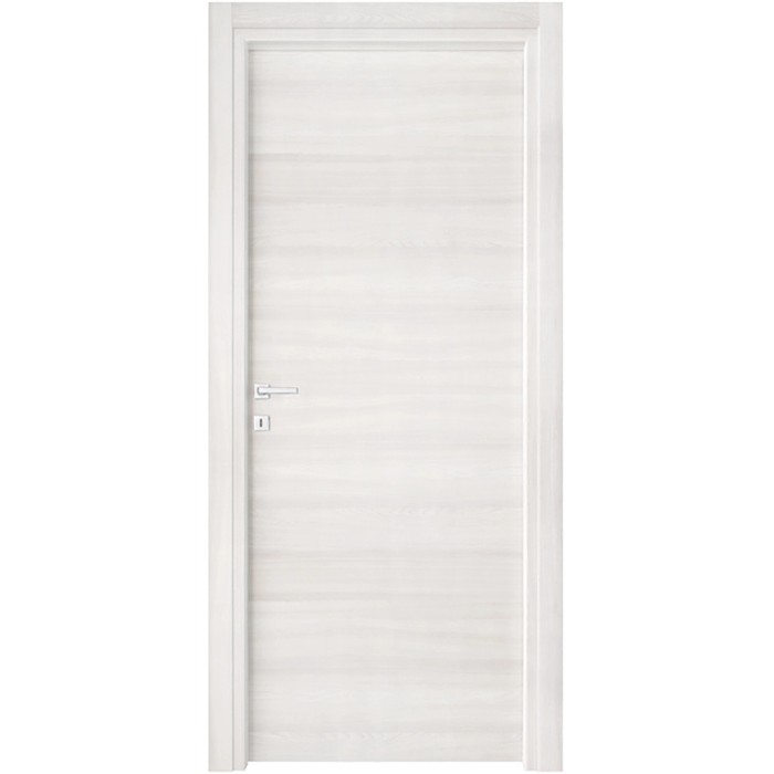 Porta interna bianca con design semplice e maniglia argentata.