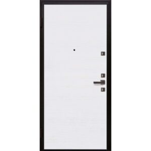 Porta blindata t.b.t. bianca con telaio scuro e spioncino.