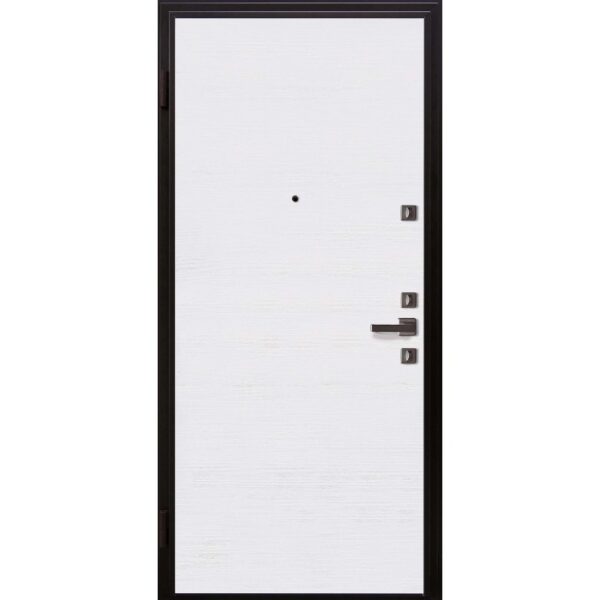 Porta blindata t.b.t. bianca con telaio scuro e spioncino.