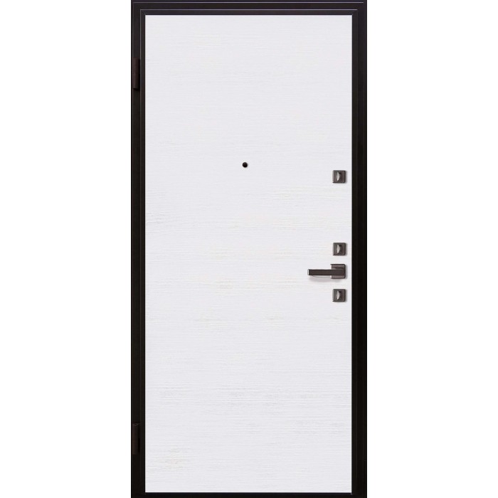 Porta blindata t.b.t. bianca con telaio scuro e spioncino.