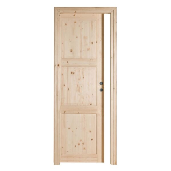 Porta interna in legno grezzo, non trattata, con tre pannelli. Ideale per la personalizzazione.