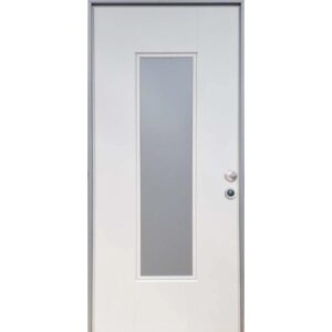 Porta blindata bianca con inserto in vetro rettangolare stretto e maniglia argentata.