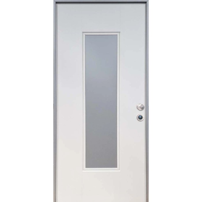 Porta blindata bianca con inserto in vetro rettangolare stretto e maniglia argentata.