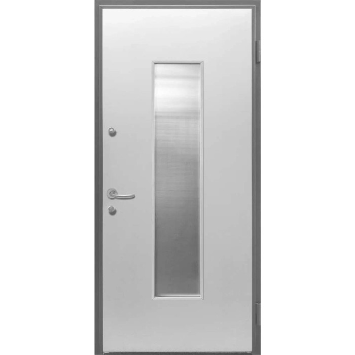 Porta blindata bianca con oblò stretto e allungato.