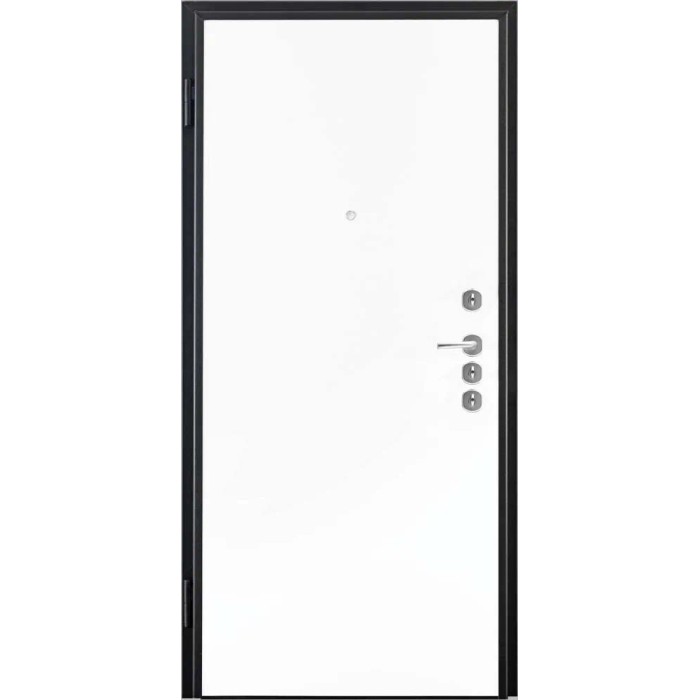Porta blindata bianca con telaio nero e maniglia argentata.