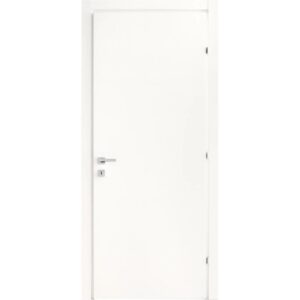 Porta interna bianca con maniglia argentata. Design semplice per spazi abitativi moderni.