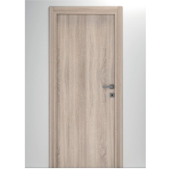 Porta interna chiara effetto legno con maniglia argento.