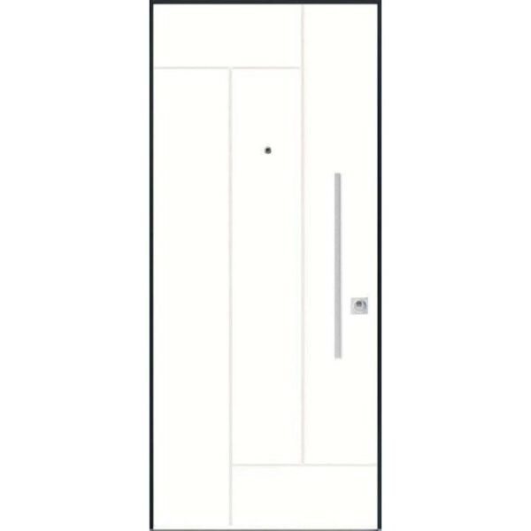 Porta blindata bianca con design lineare e maniglia argentata.