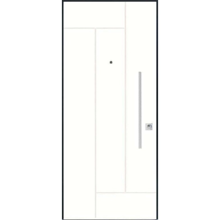 Porta blindata bianca con design lineare e maniglia argentata.