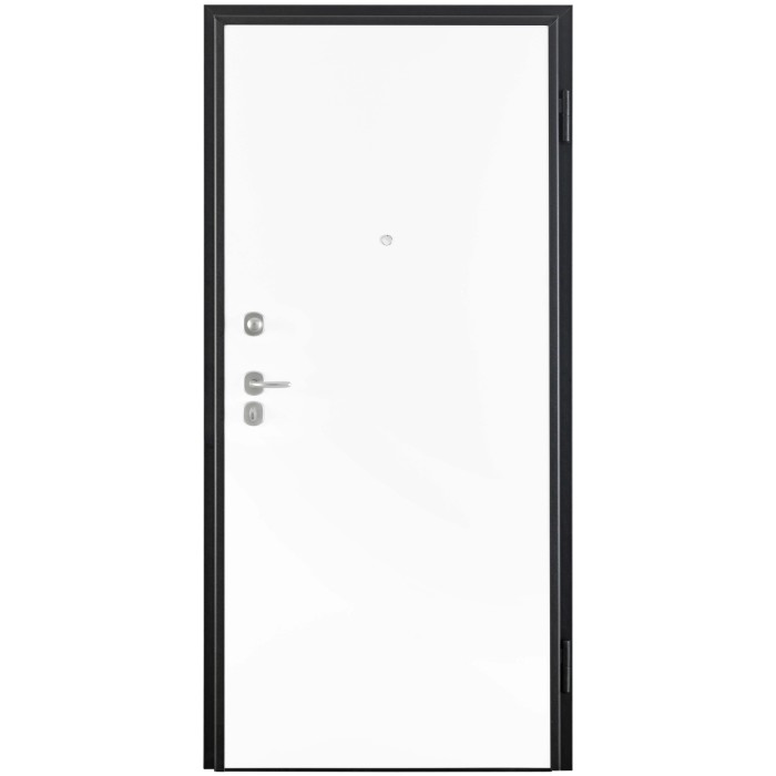 Porta blindata bianca con telaio nero e maniglia argentata.