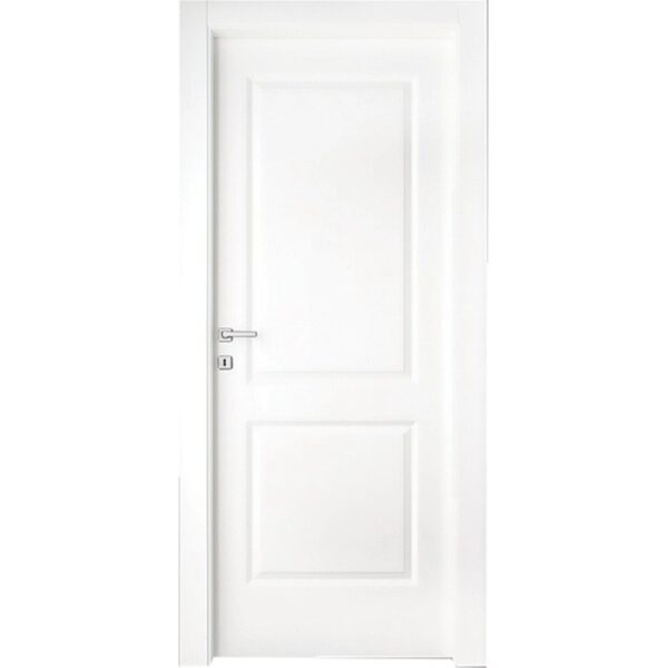 Porta interna bianca con due pannelli e maniglia argento.