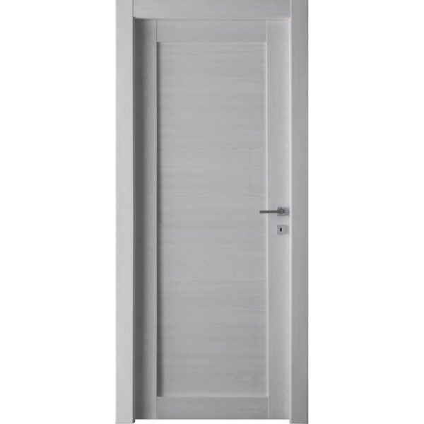 Porta interna bianca con design semplice e maniglia argentata.