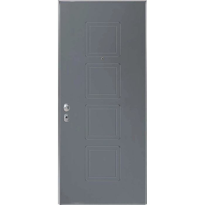 Porta blindata grigia con quattro pannelli quadrati e spioncino.