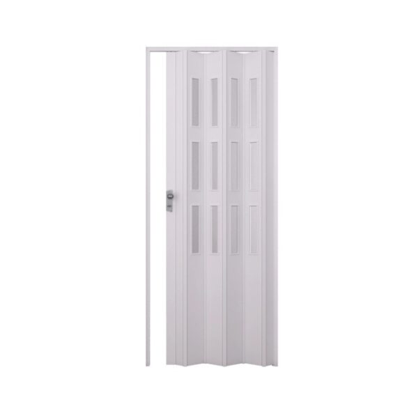 Porta a soffietto bianca con inserti in vetro, ideale per piccoli spazi.