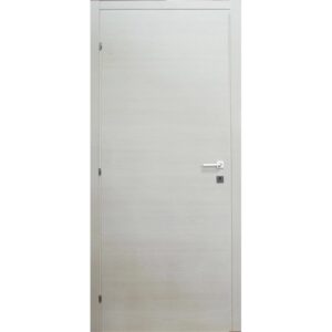 Porta interna bianca con maniglia e serratura. Anta effetto legno.