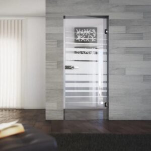 Porta in vetro t.b.t. con strisce orizzontali e design moderno.