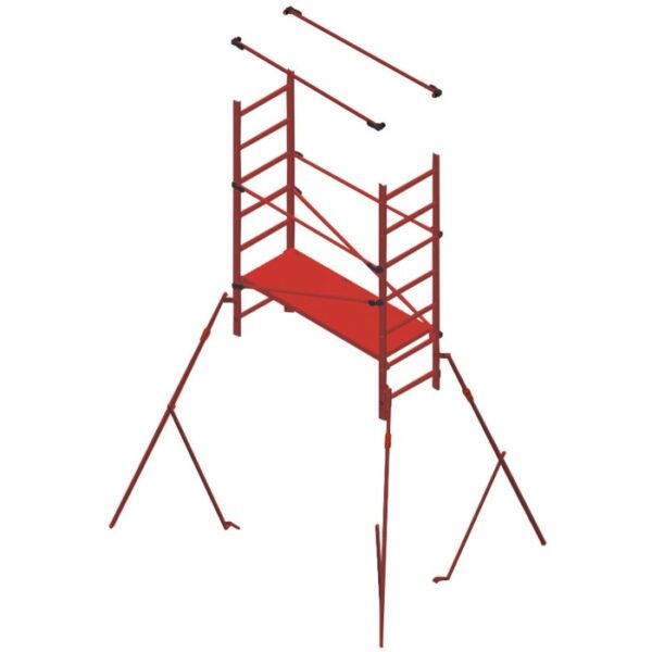 Ponteggio t.b.t. rosso con stabilizzatori per una base sicura.