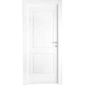 Porta interna bianca con due pannelli rettangolari e maniglia argentata.